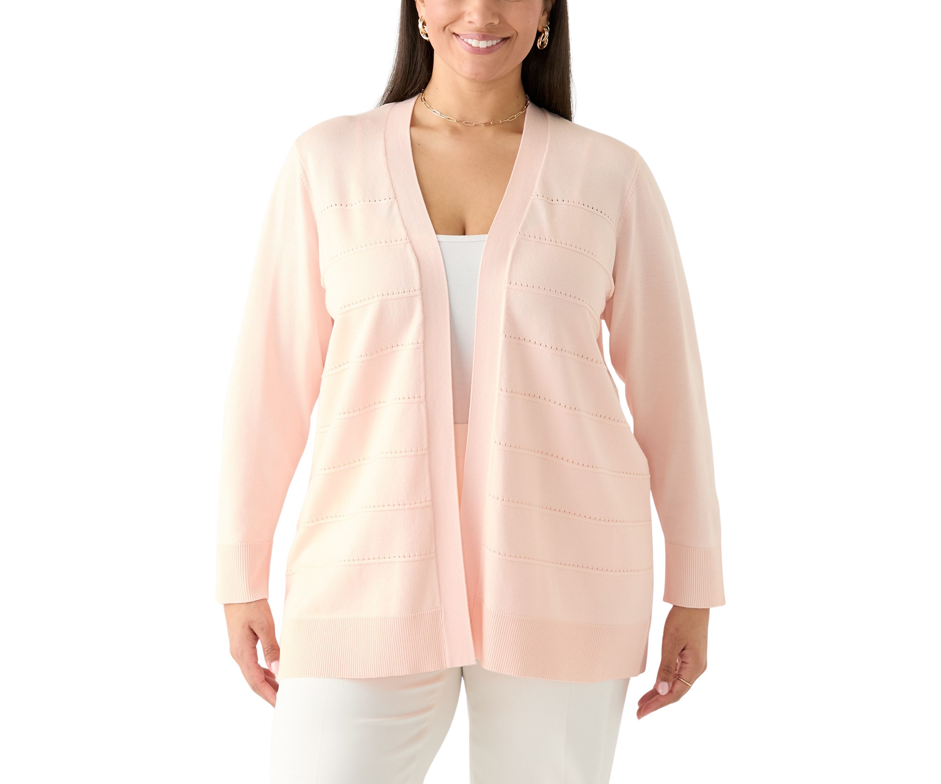 Womens Long Sleeve Pointelle Striped Cardigan 