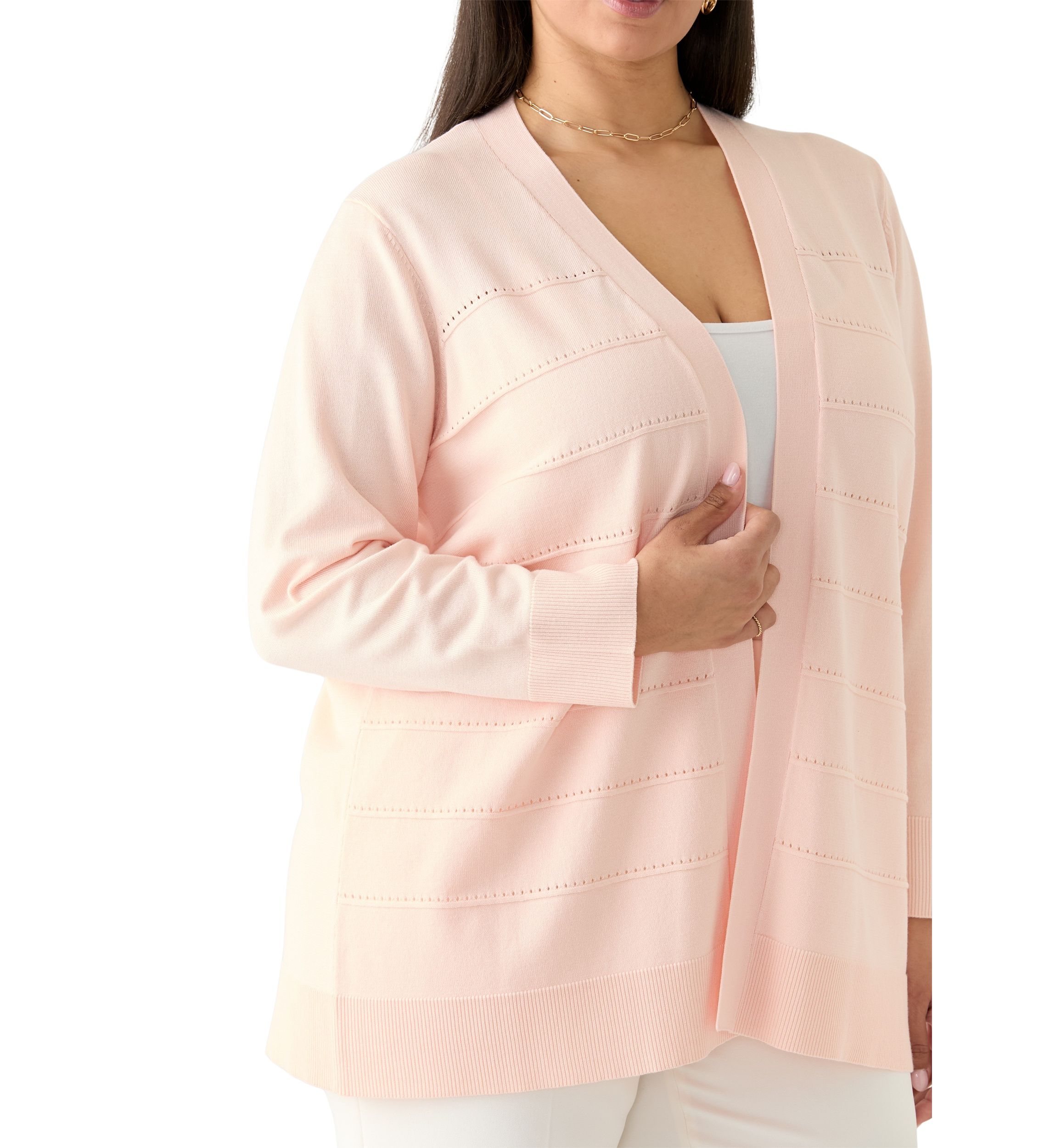 Womens Long Sleeve Pointelle Striped Cardigan 