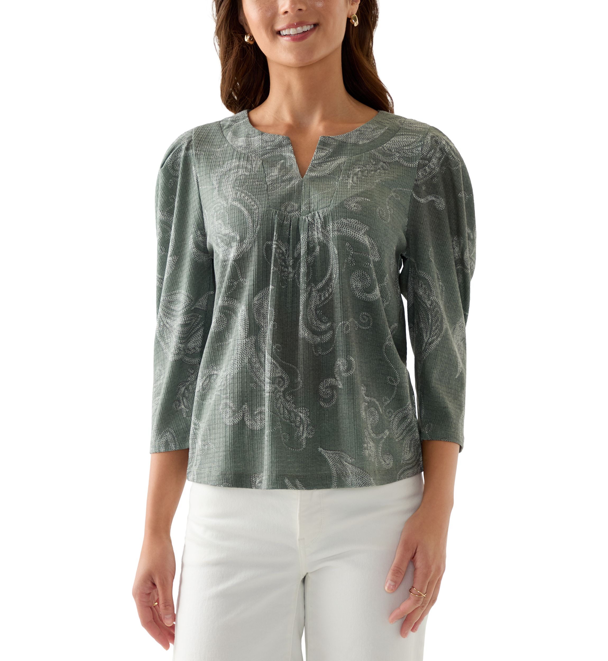 Petite Floral Ribbed Split Neck Top