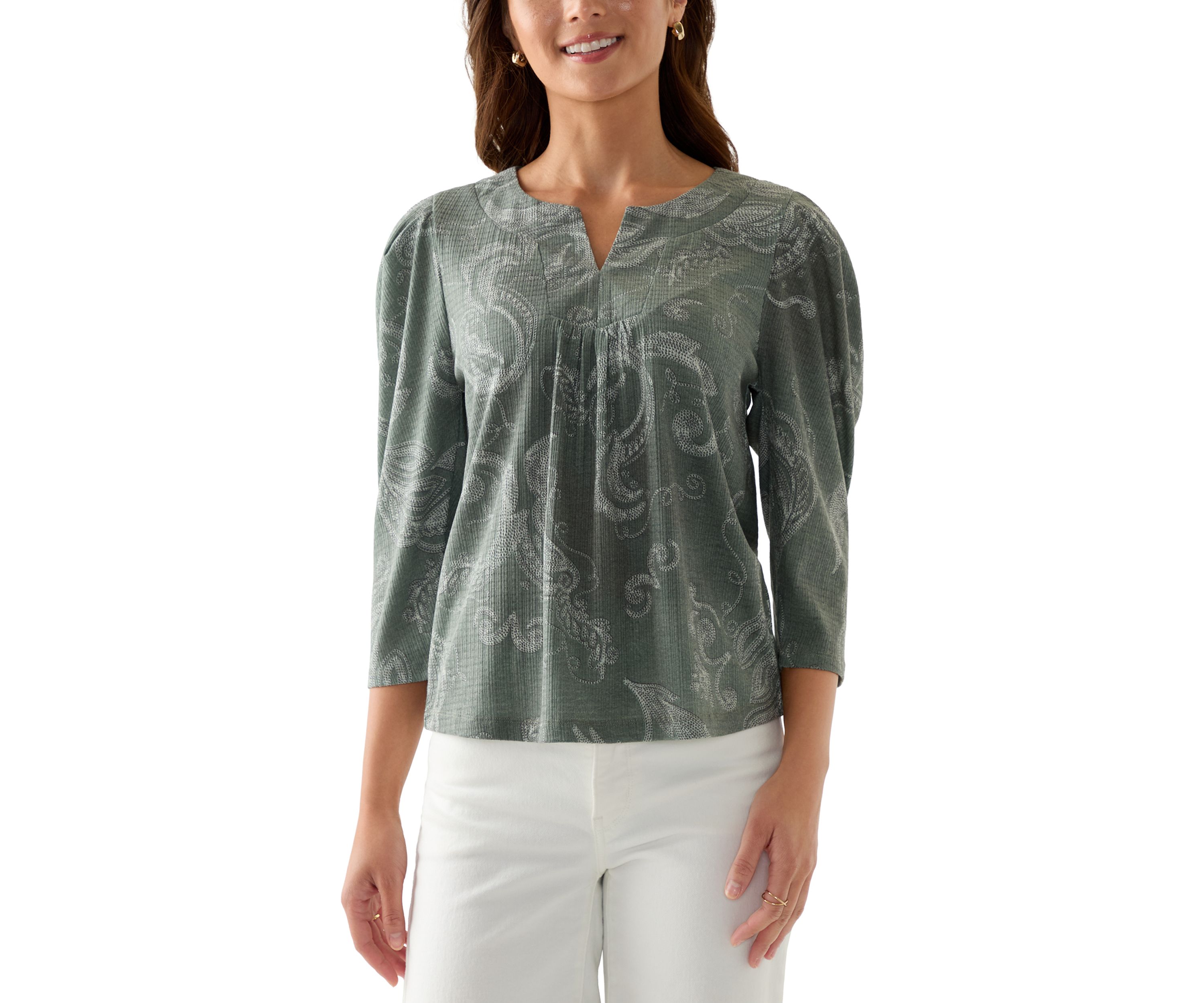 Petite Floral Ribbed Split Neck Top