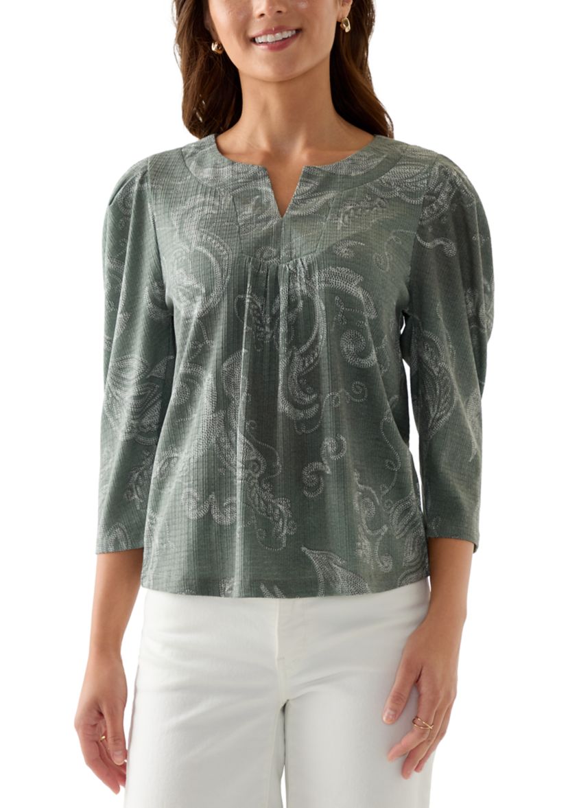Petite Floral Ribbed Split Neck Top