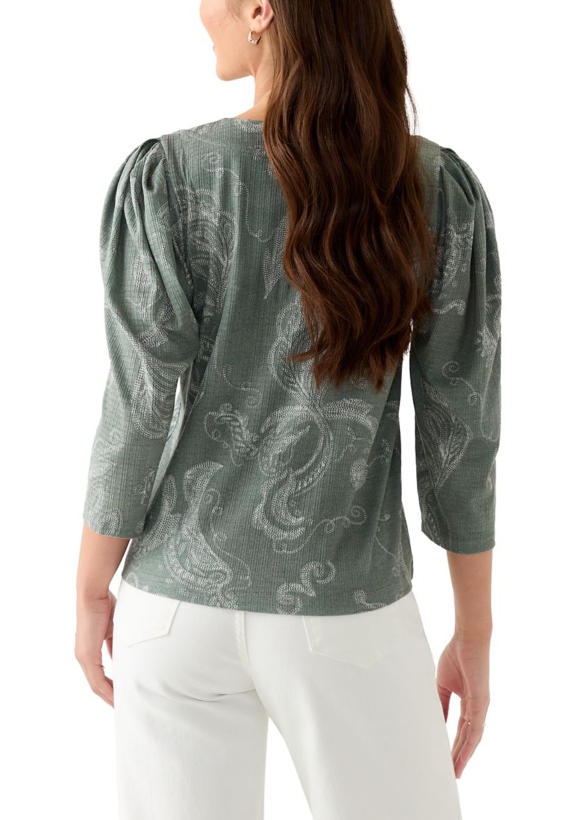 Petite Floral Ribbed Split Neck Top