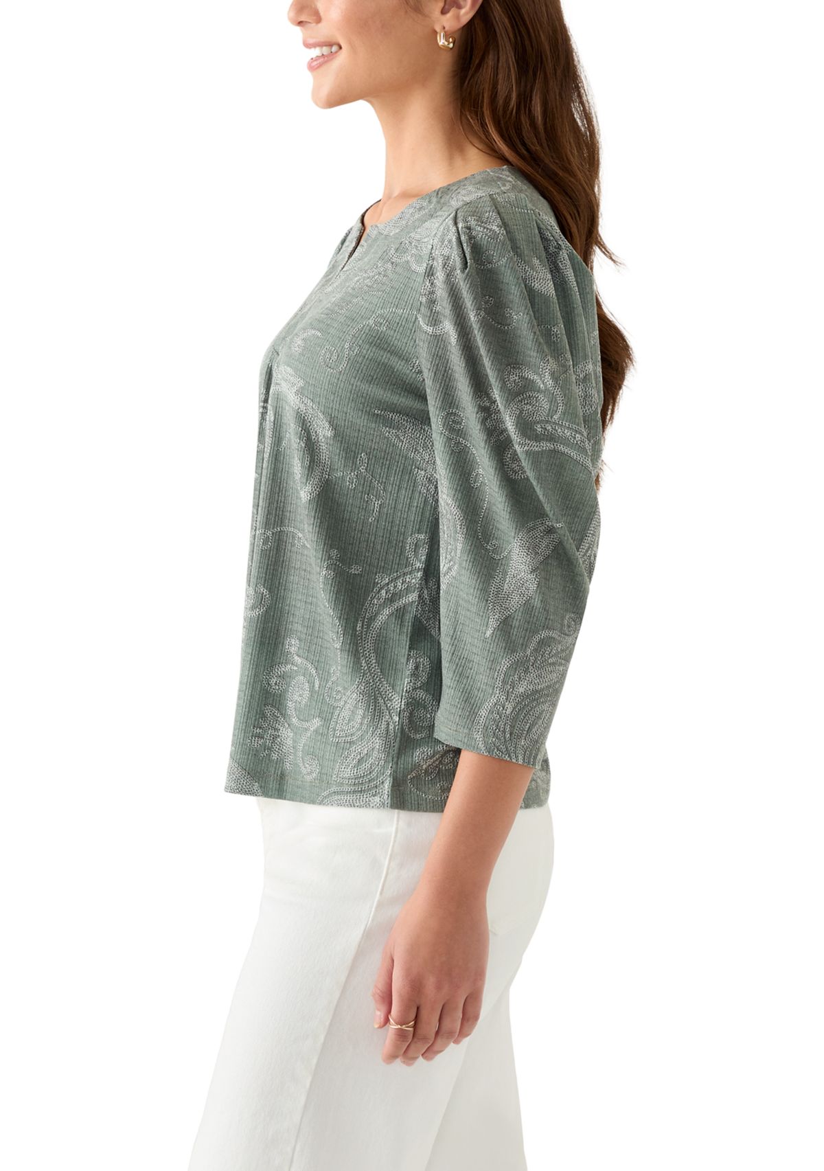 Petite Floral Ribbed Split Neck Top