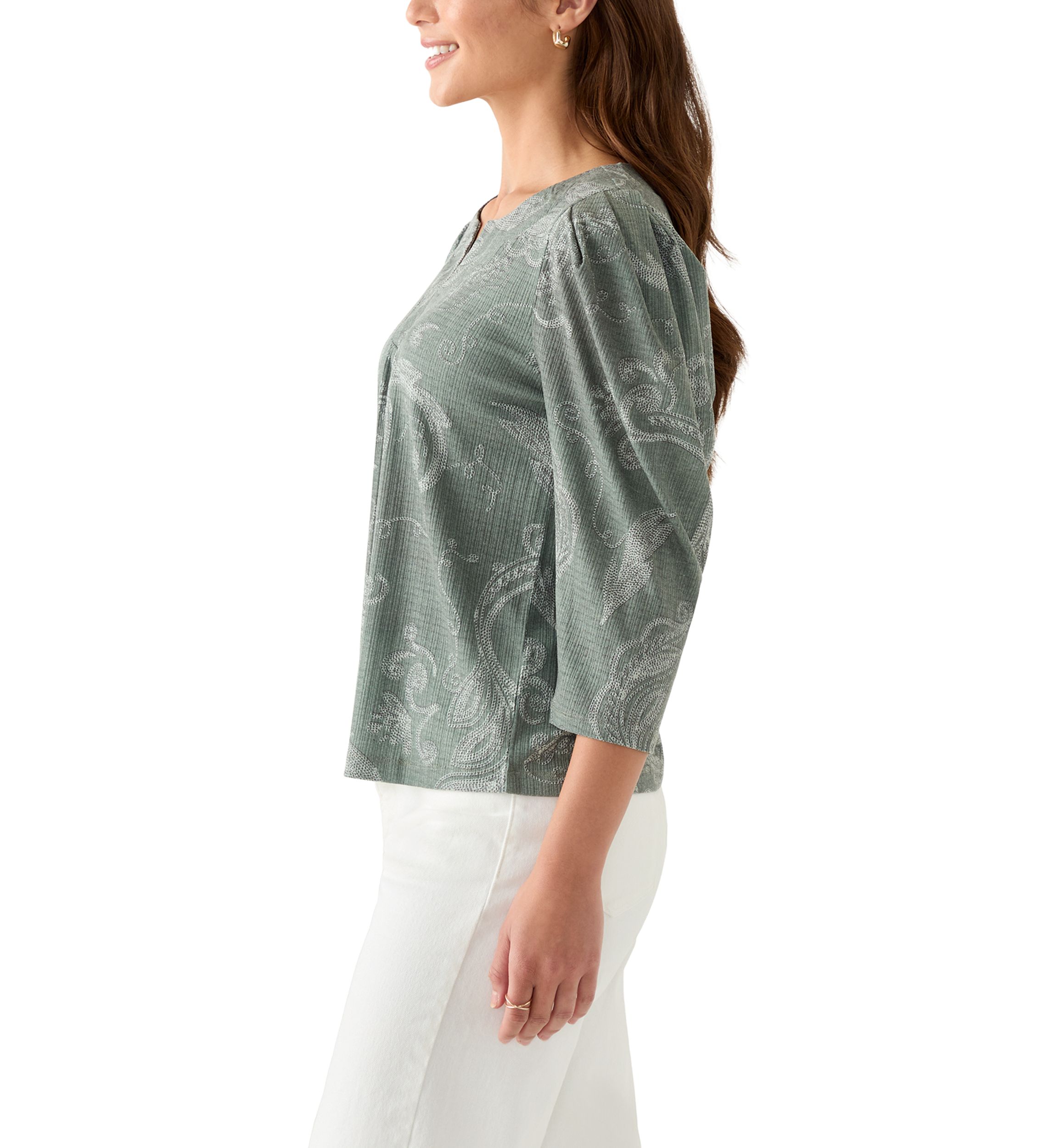 Petite Floral Ribbed Split Neck Top