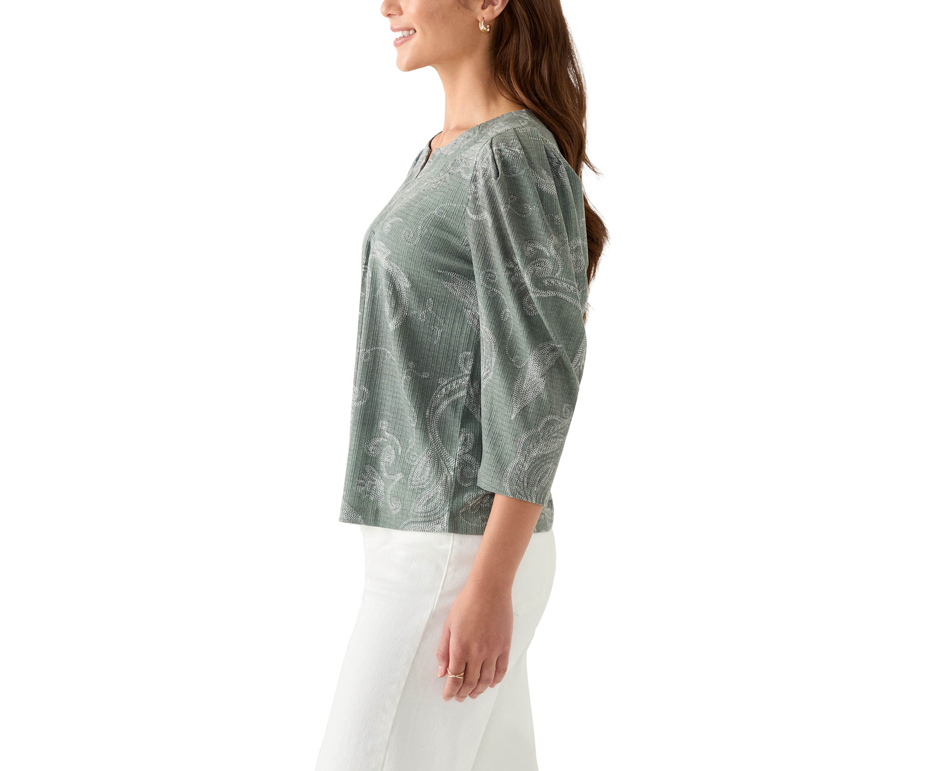 Petite Floral Ribbed Split Neck Top