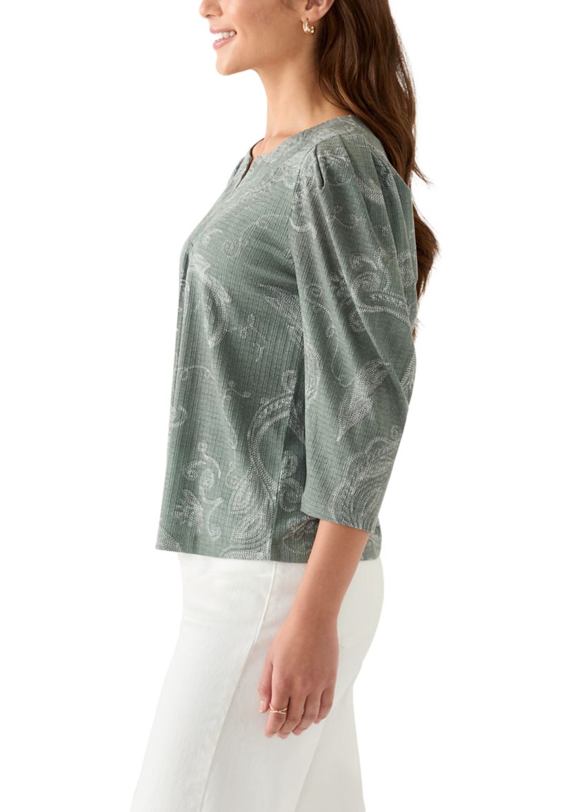 Petite Floral Ribbed Split Neck Top