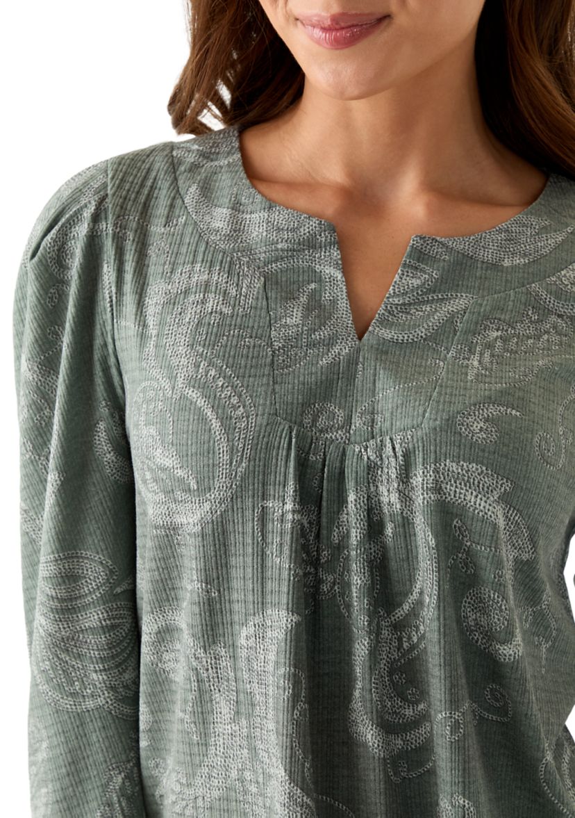 Petite Floral Ribbed Split Neck Top