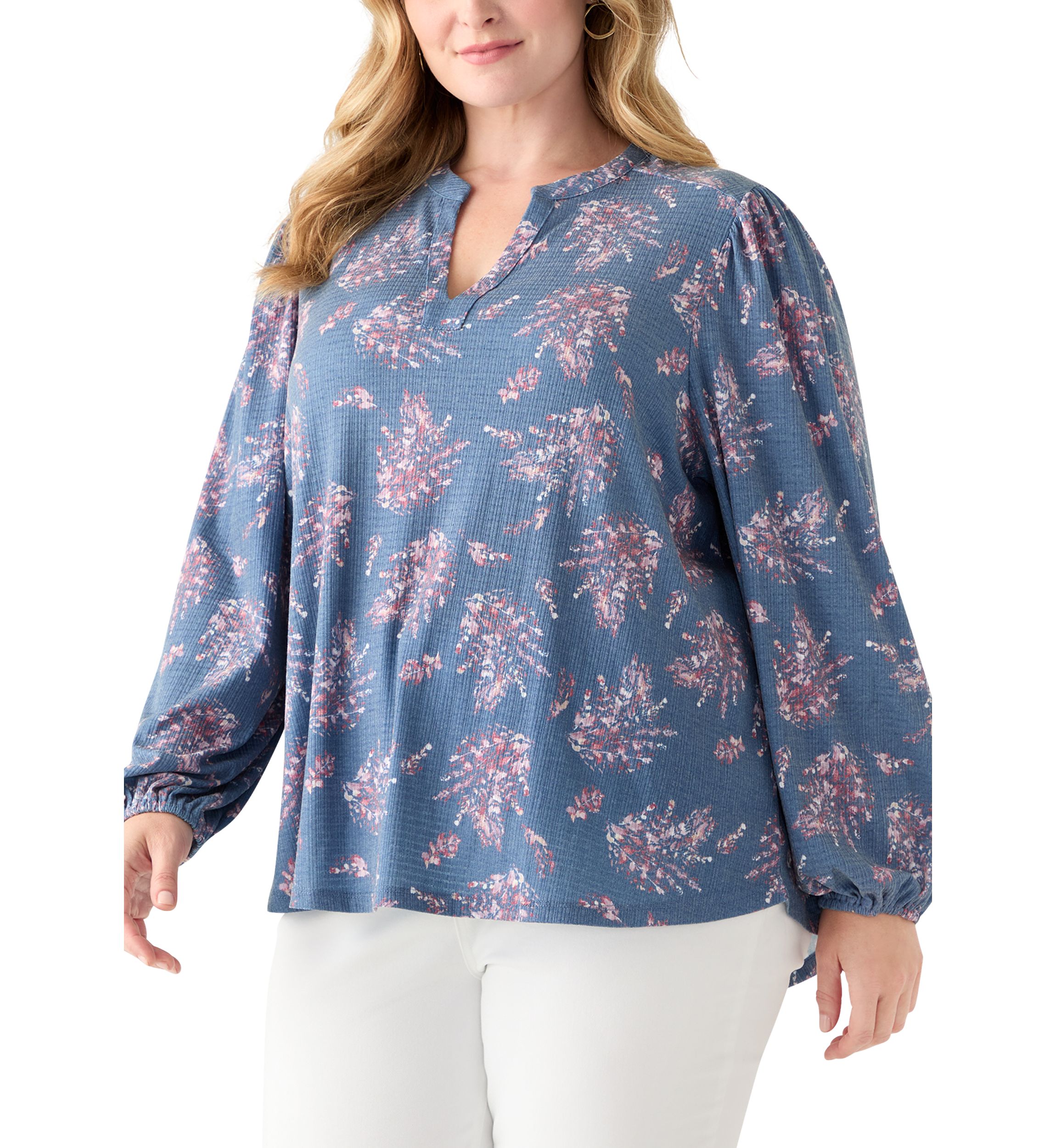 Plus Size Blouson Sleeve Split Neck Floral Stamp Top 