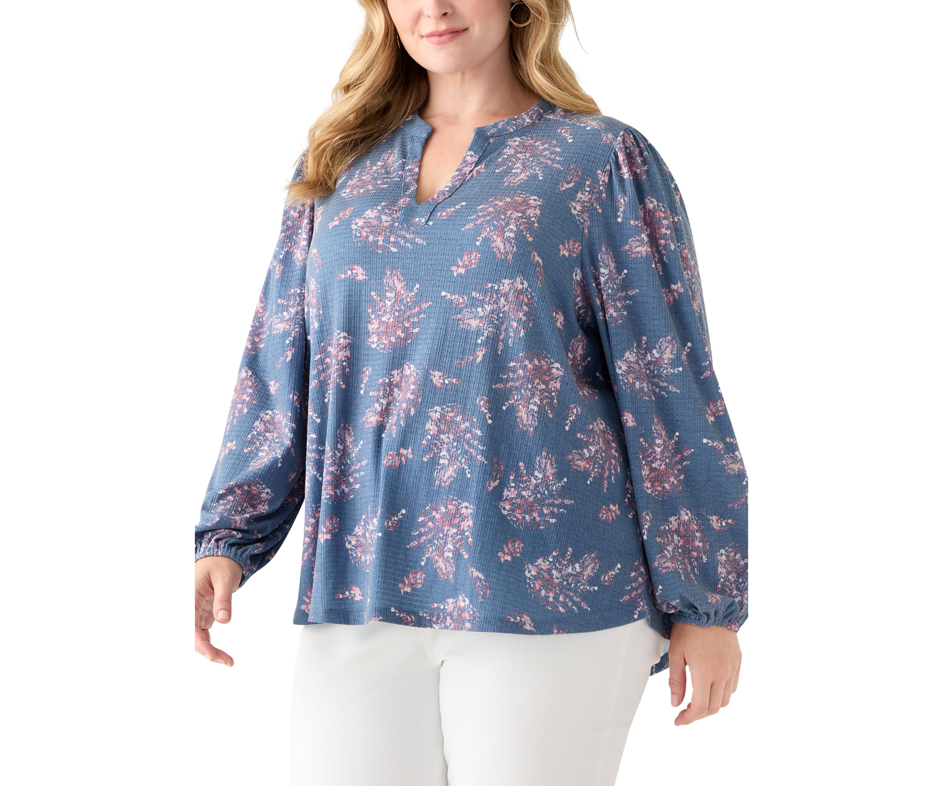 Plus Size Blouson Sleeve Split Neck Floral Stamp Top 