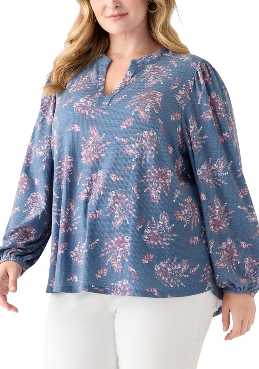 Plus Size Blouson Sleeve Split Neck Floral Stamp Top 