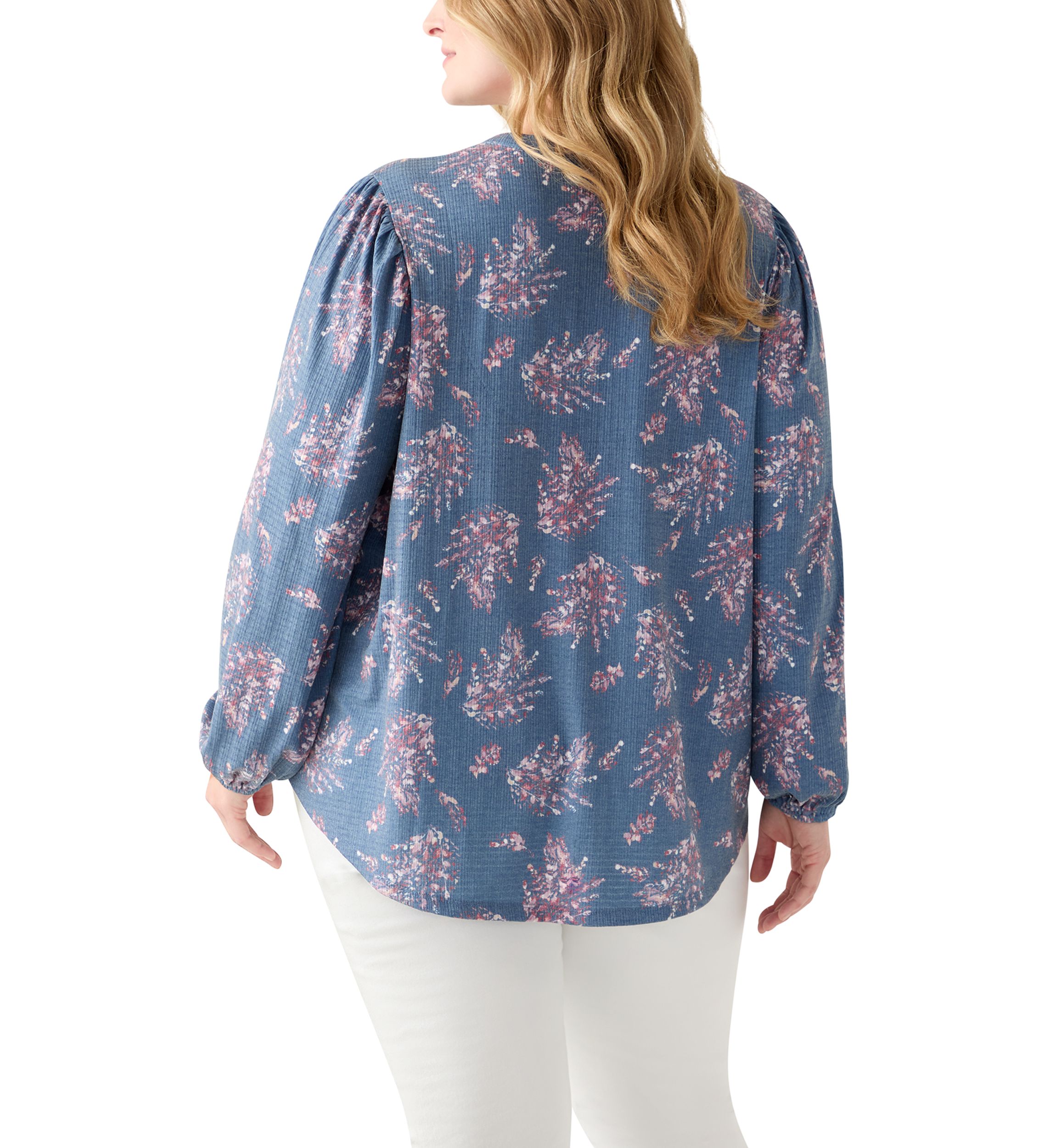 Plus Size Blouson Sleeve Split Neck Floral Stamp Top 