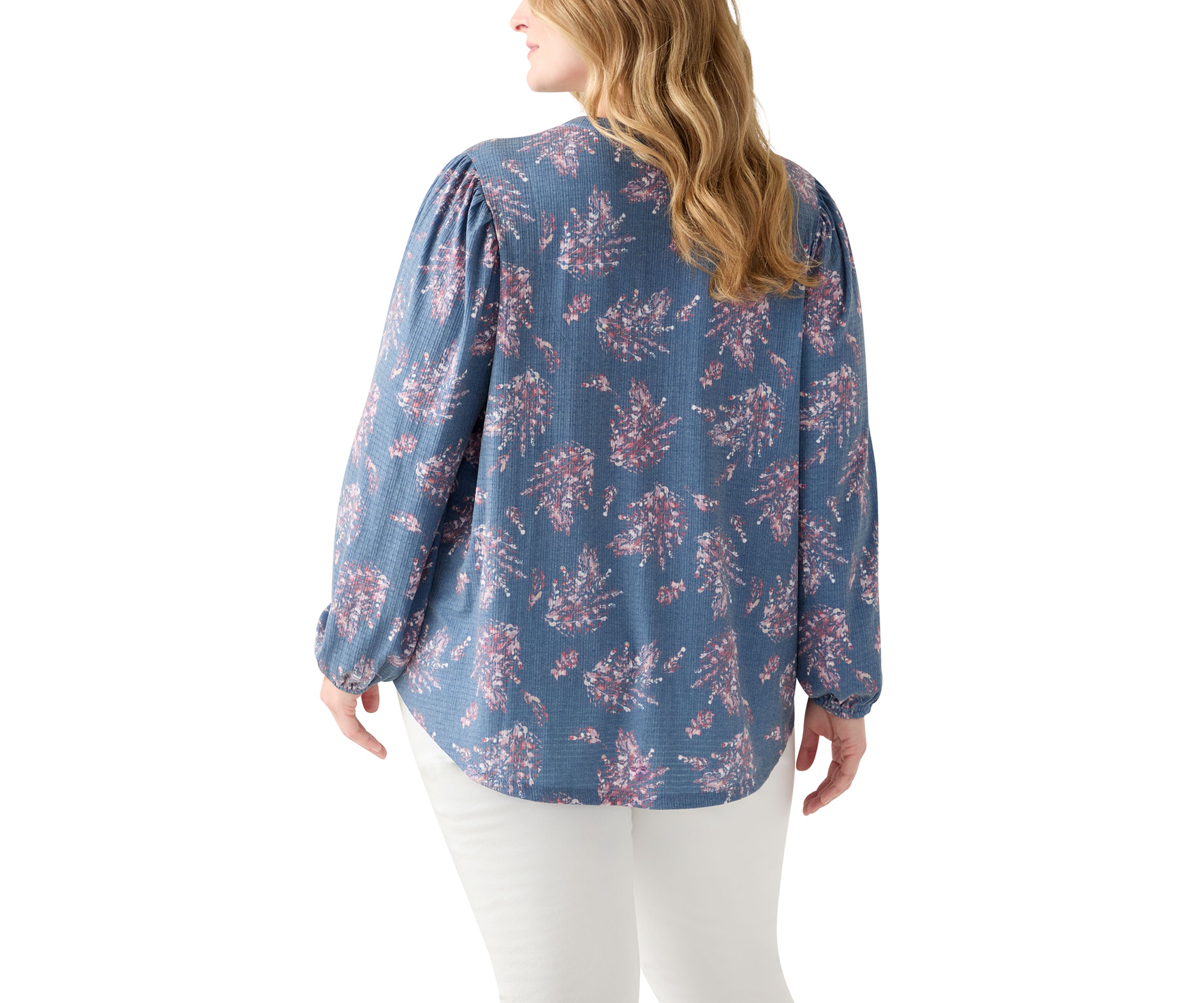 Plus Size Blouson Sleeve Split Neck Floral Stamp Top 