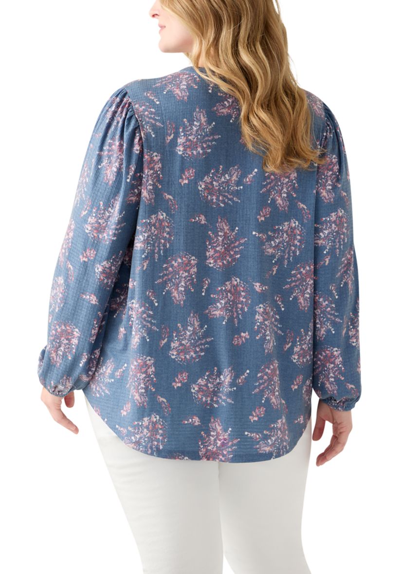Plus Size Blouson Sleeve Split Neck Floral Stamp Top 