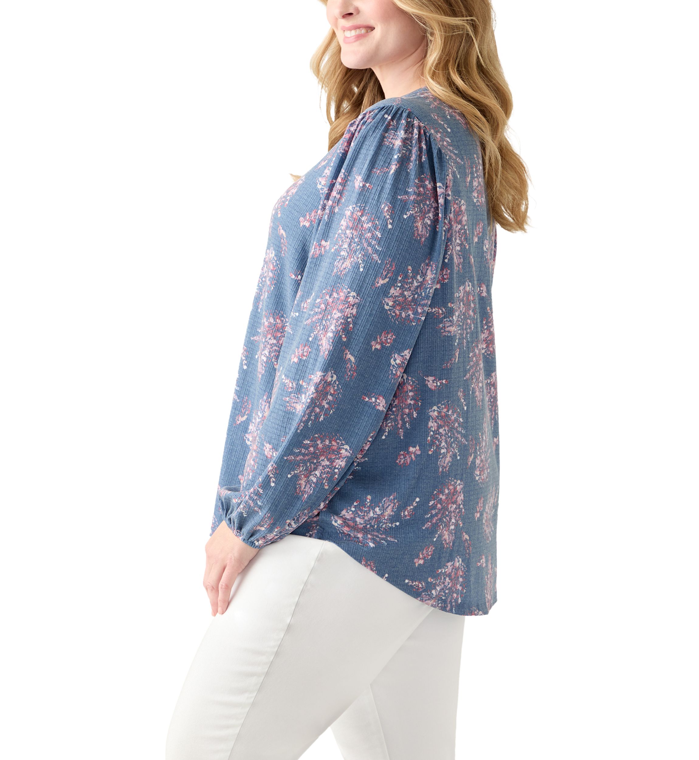 Plus Size Blouson Sleeve Split Neck Floral Stamp Top 
