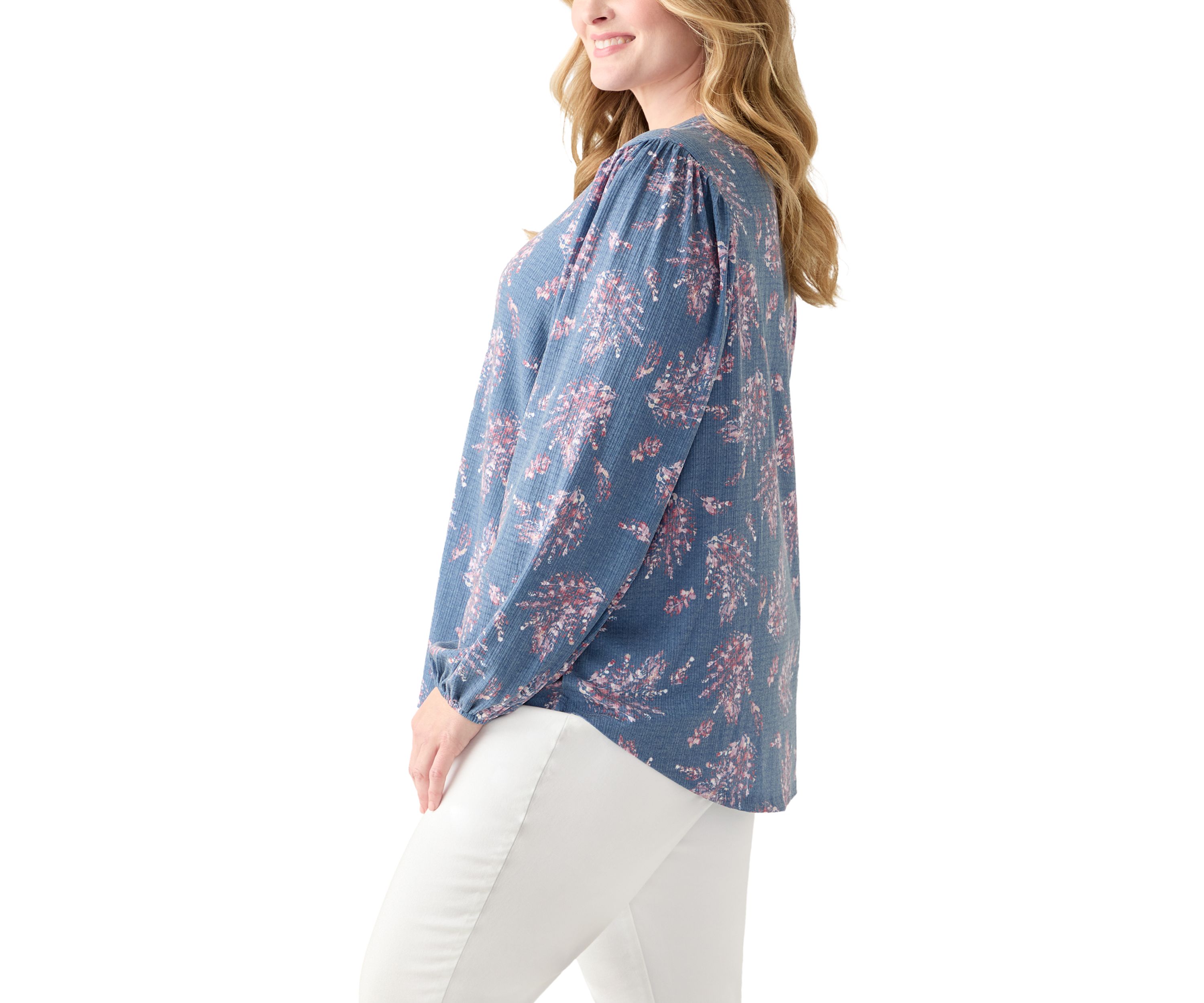 Plus Size Blouson Sleeve Split Neck Floral Stamp Top 
