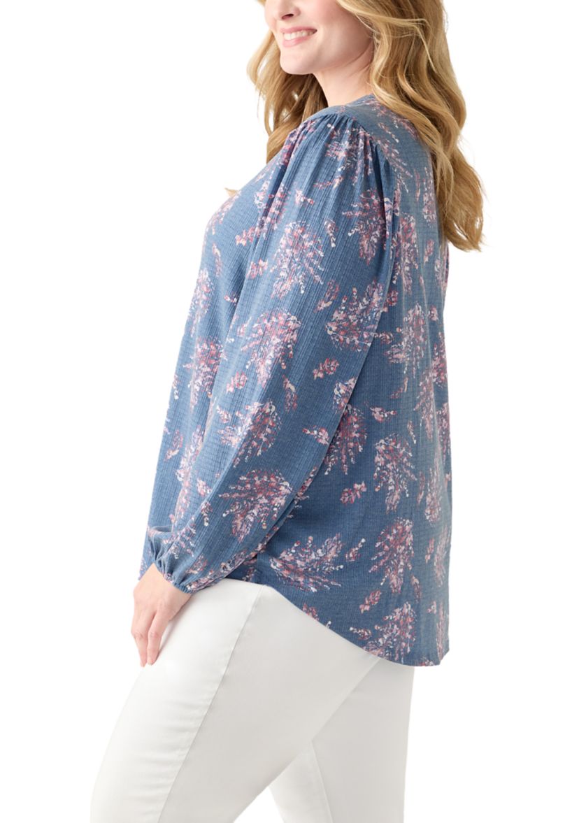 Plus Size Blouson Sleeve Split Neck Floral Stamp Top 
