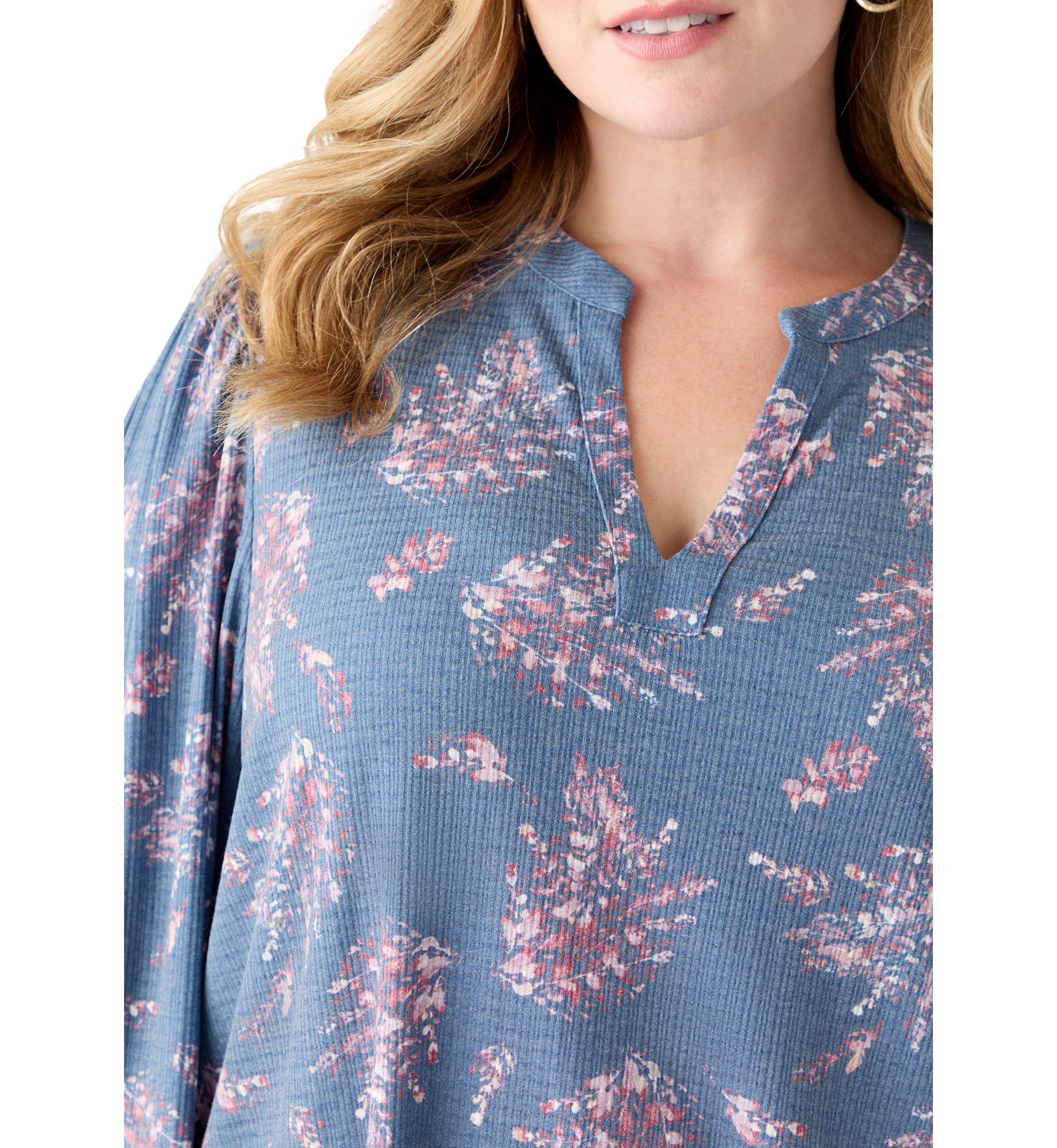 Plus Size Blouson Sleeve Split Neck Floral Stamp Top 