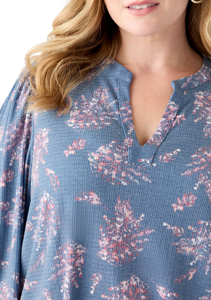 Plus Size Blouson Sleeve Split Neck Floral Stamp Top 