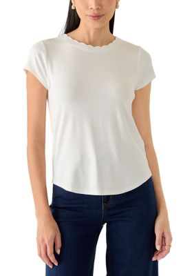cable & gauge Women's Petite Cap Sleeve Scallop Neck Top, White, PXL