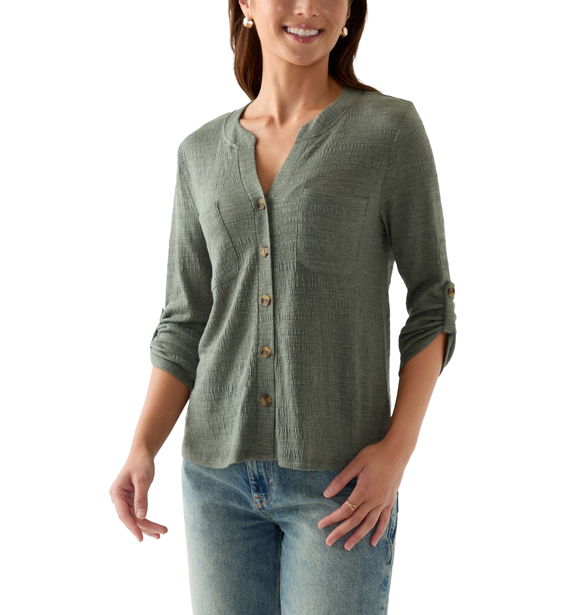 Petite Crinkle Knit Camp Top with Patch Pocket