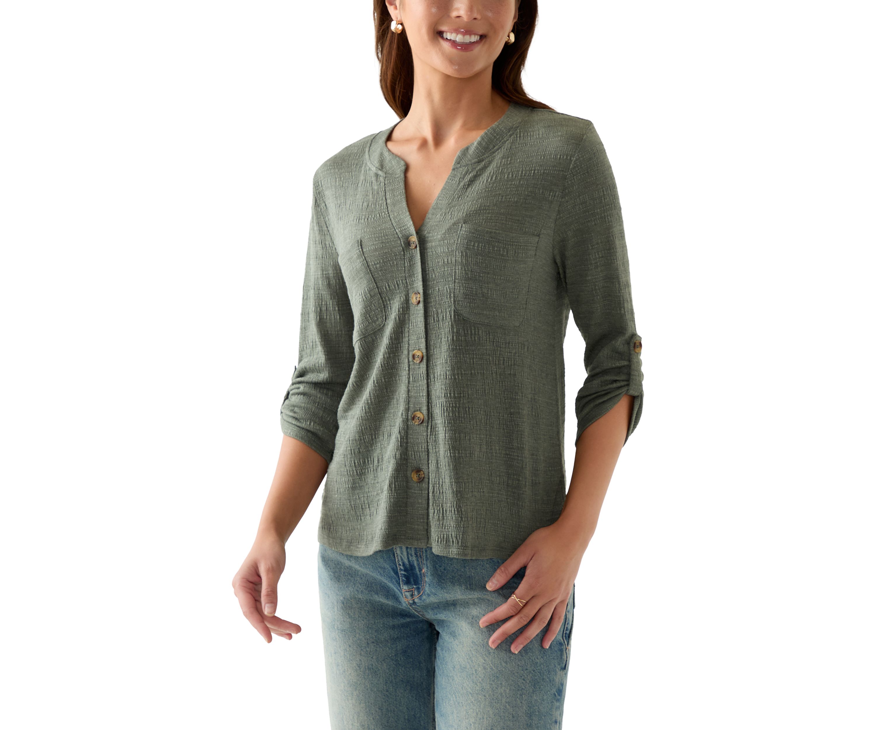 Petite Crinkle Knit Camp Top with Patch Pocket