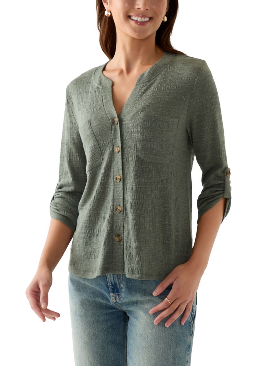 Petite Crinkle Knit Camp Top with Patch Pocket
