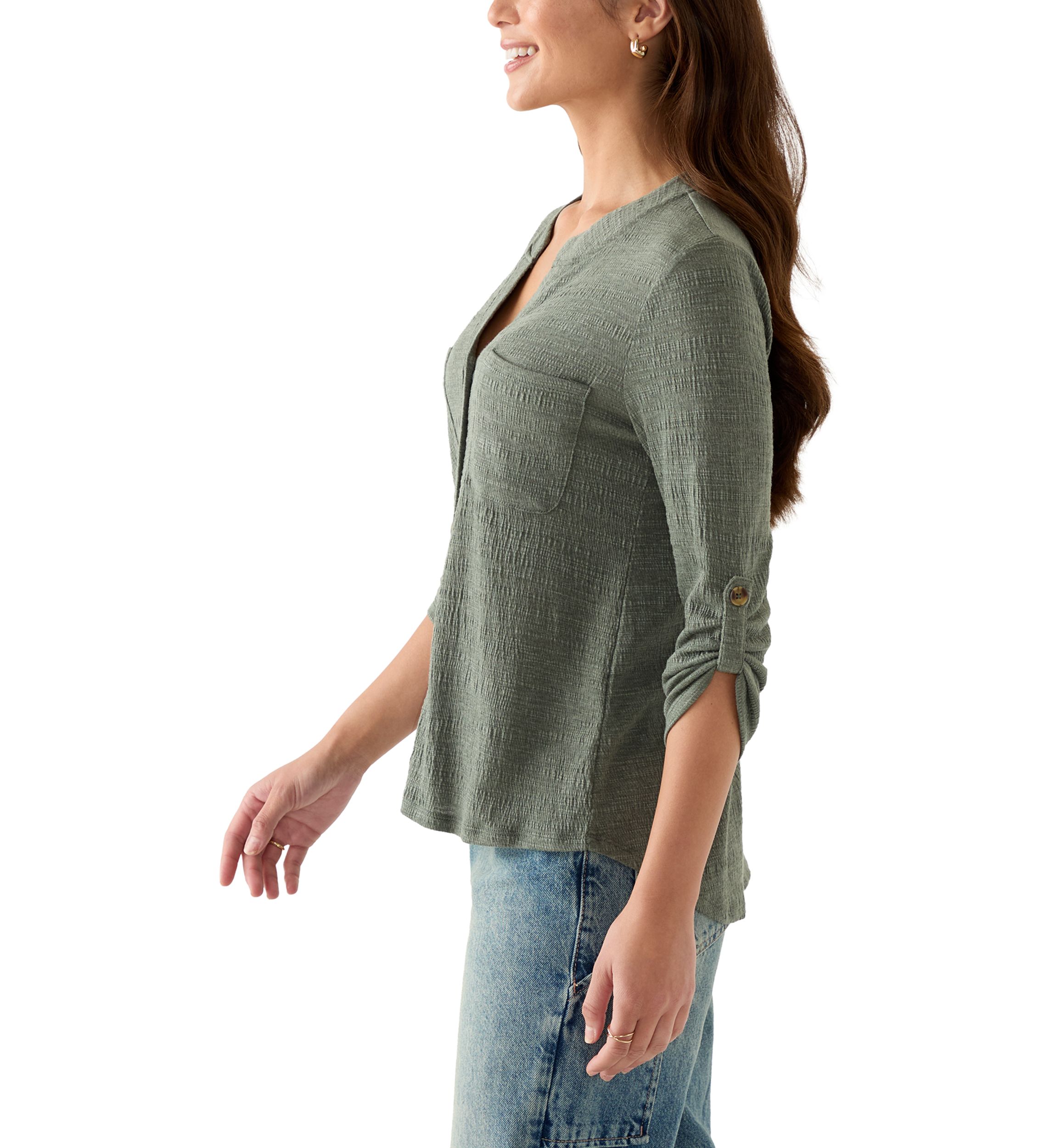 Petite Crinkle Knit Camp Top with Patch Pocket