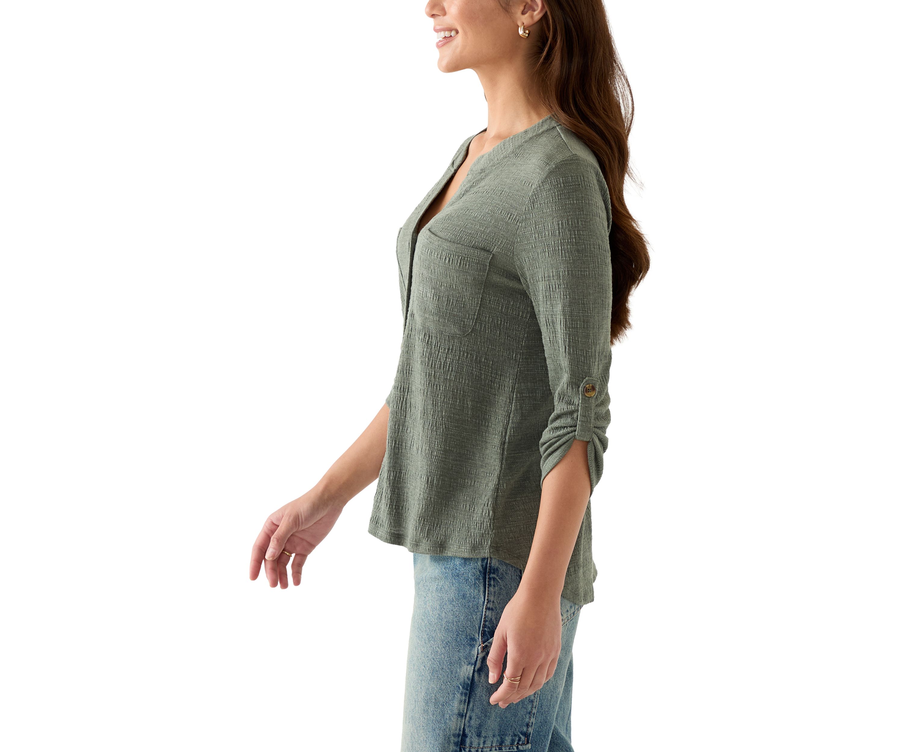 Petite Crinkle Knit Camp Top with Patch Pocket