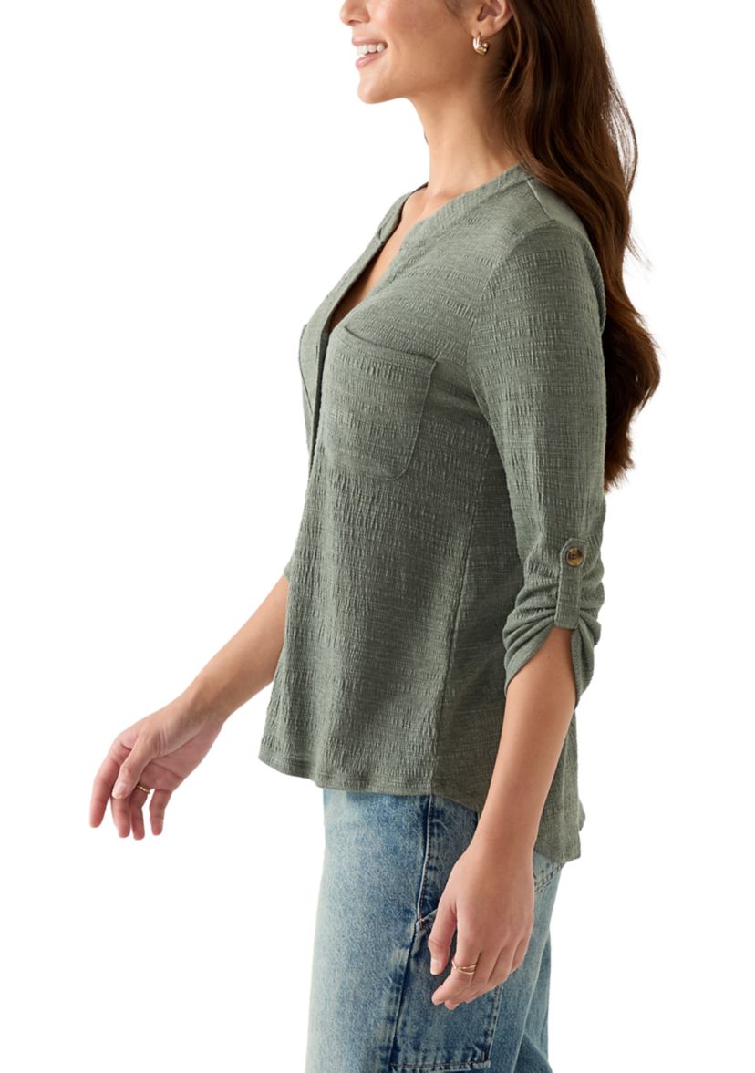 Petite Crinkle Knit Camp Top with Patch Pocket