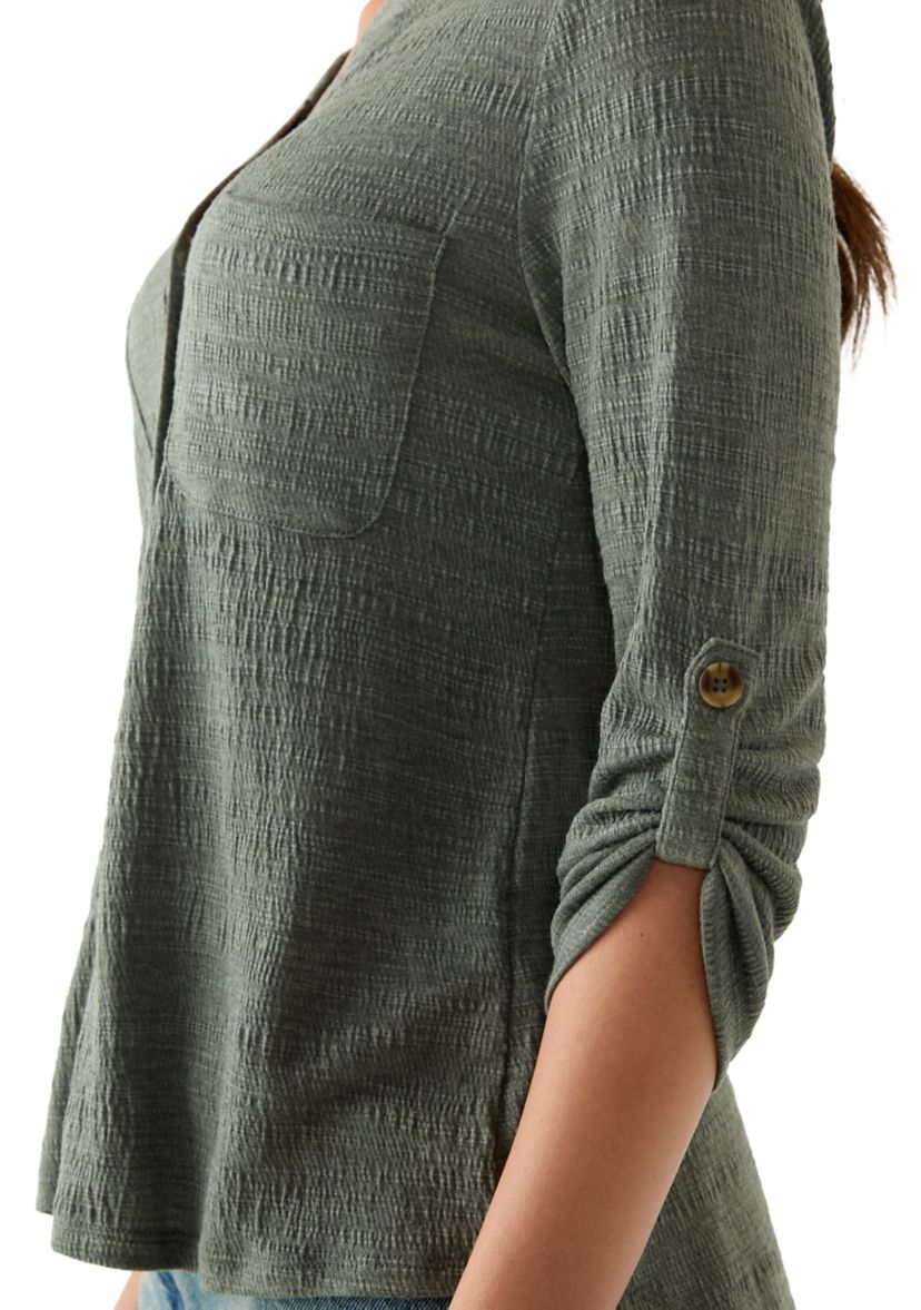 Petite Crinkle Knit Camp Top with Patch Pocket