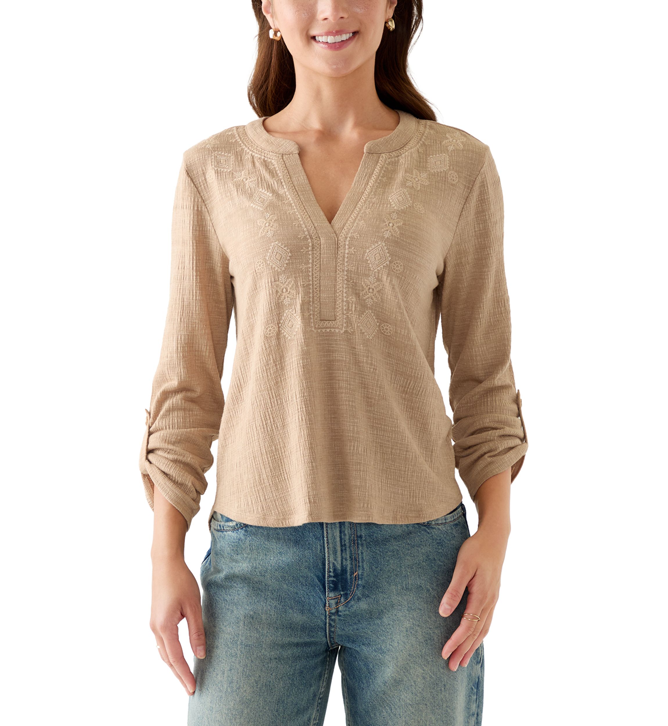 Petite Majolica Blue Embroidered Henley Top