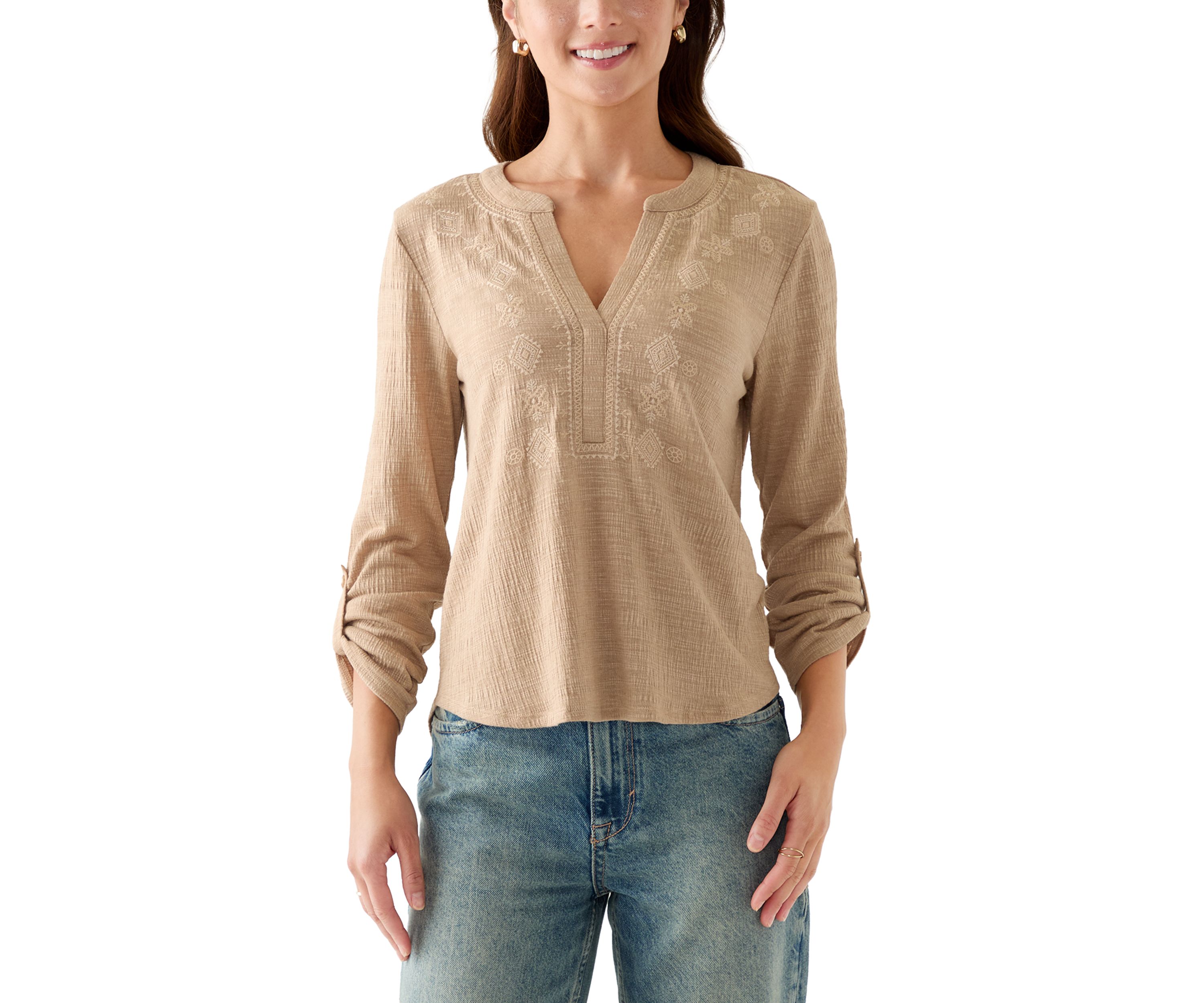 Petite Majolica Blue Embroidered Henley Top