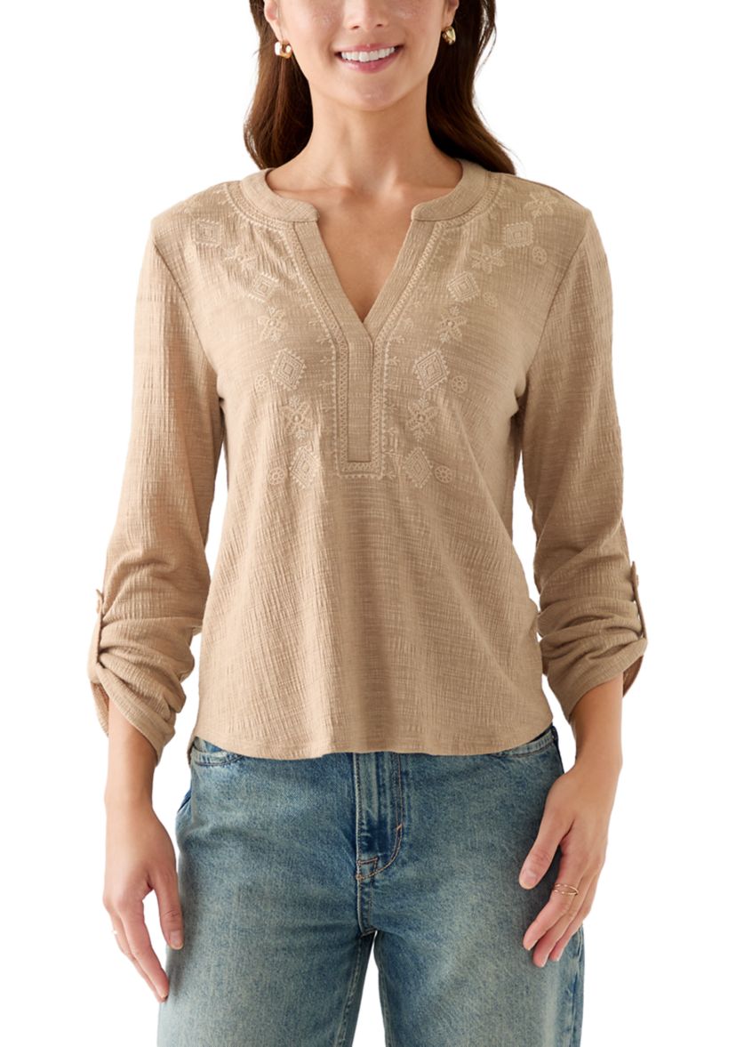 Petite Majolica Blue Embroidered Henley Top