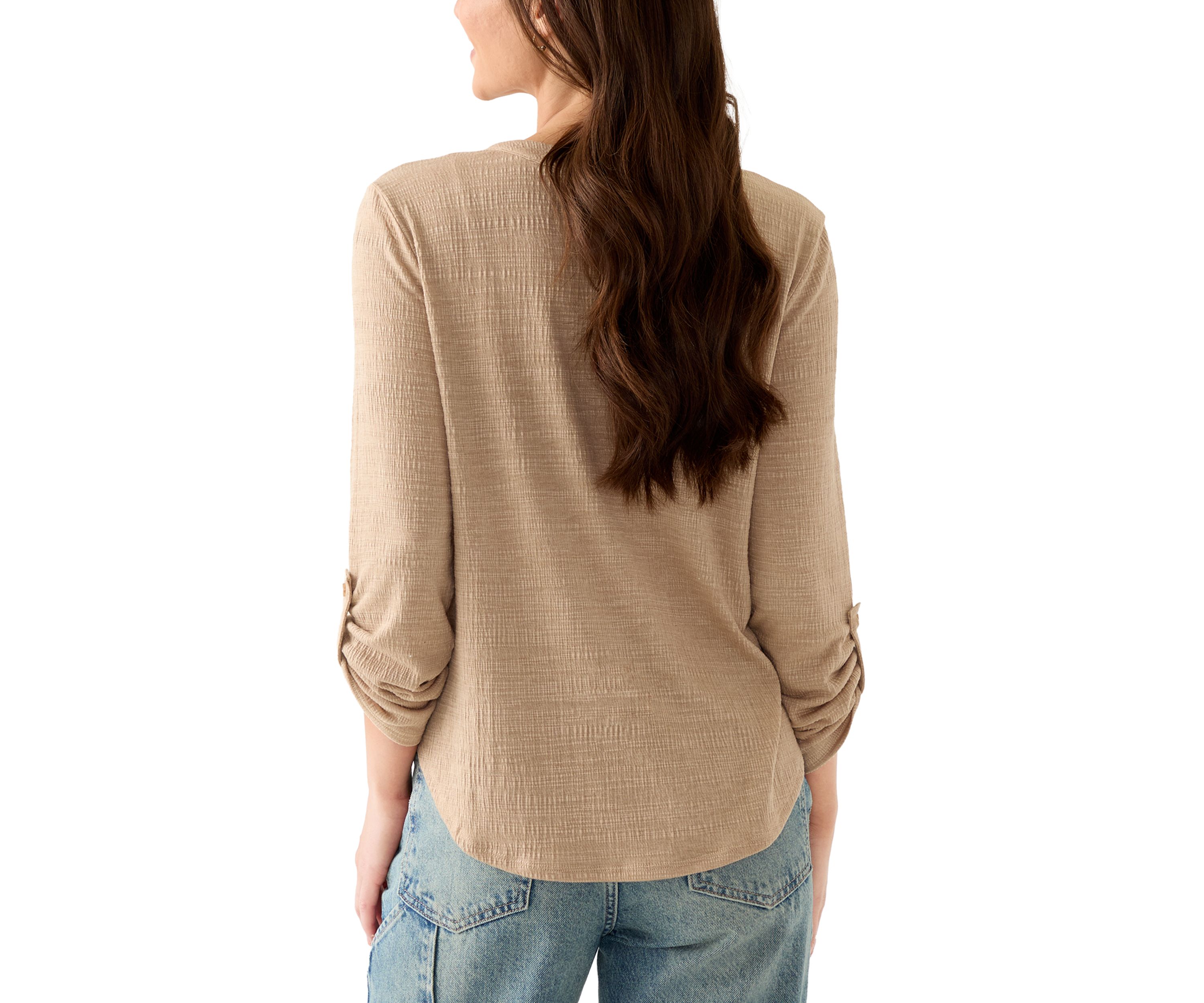 Petite Majolica Blue Embroidered Henley Top