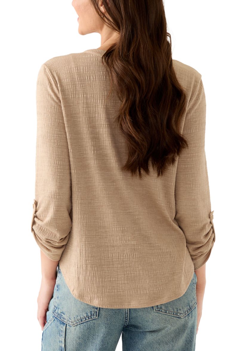 Petite Majolica Blue Embroidered Henley Top