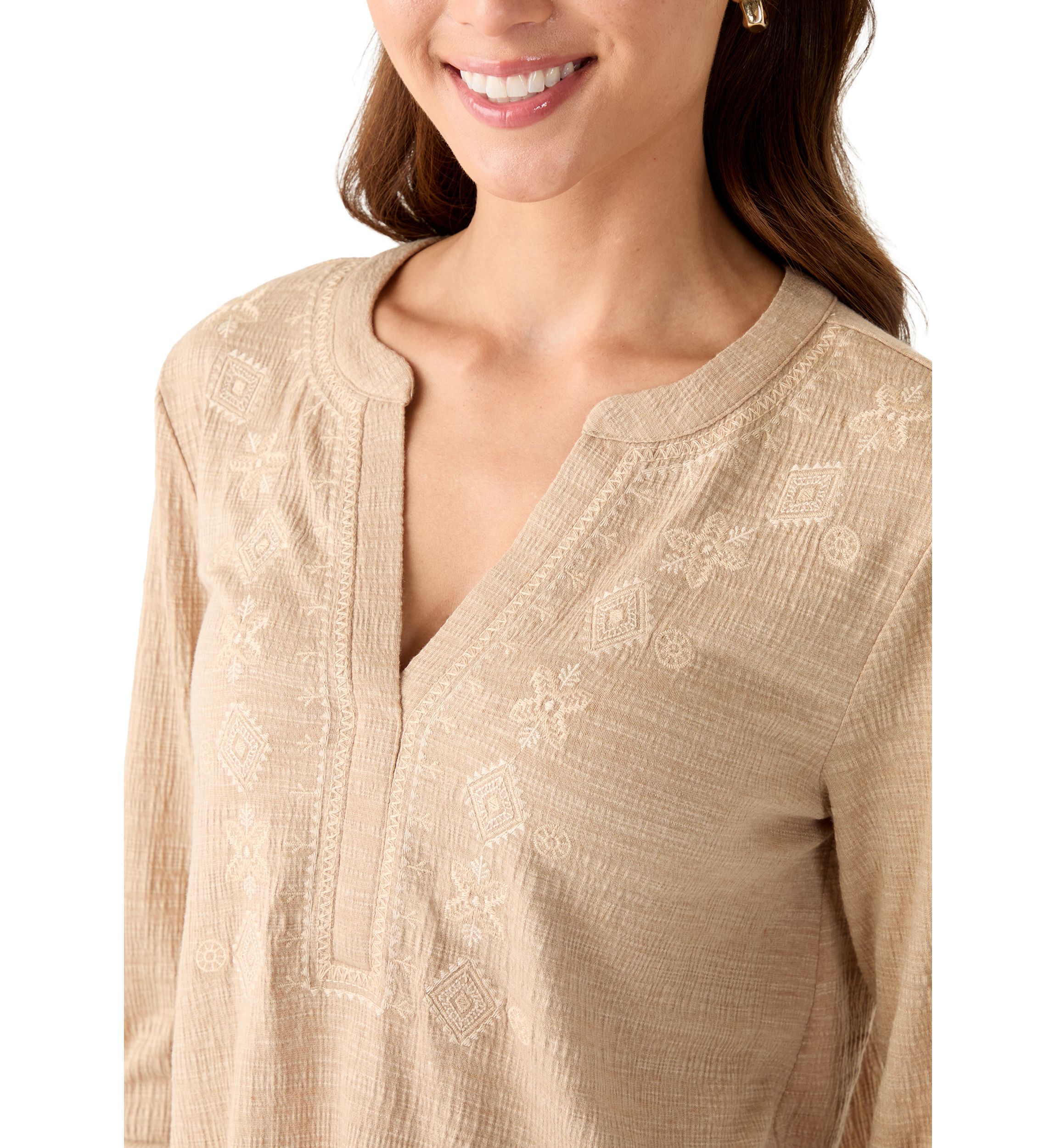 Petite Majolica Blue Embroidered Henley Top