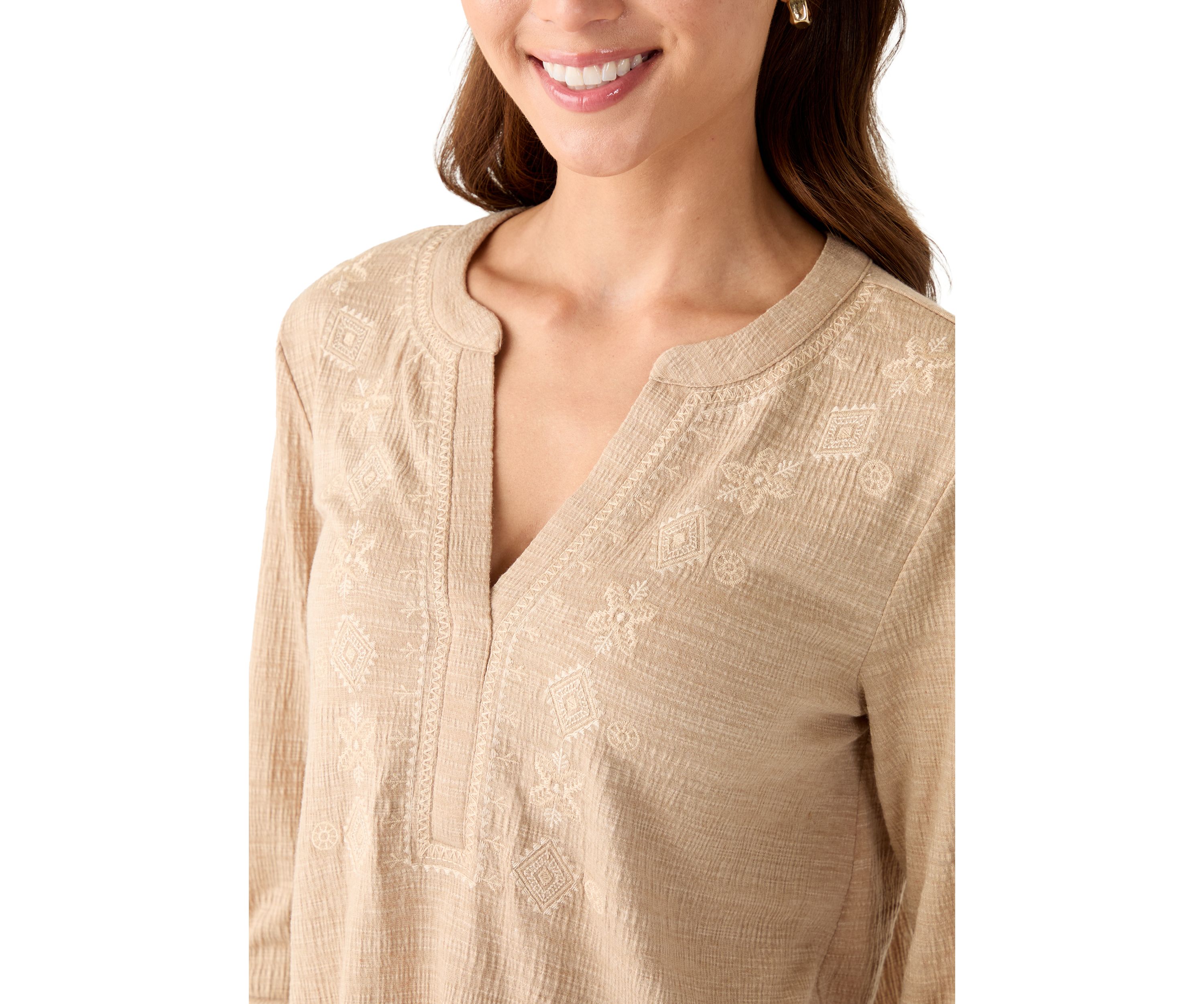 Petite Majolica Blue Embroidered Henley Top