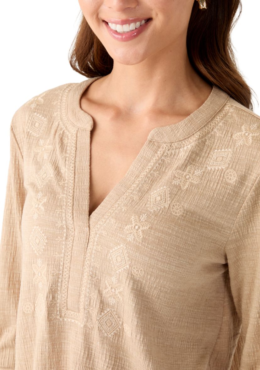 Petite Majolica Blue Embroidered Henley Top