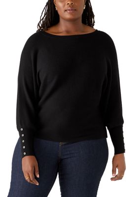 Cupio Women's Plus Size Long Sleeve Dolman Sweater, Black, 3XL