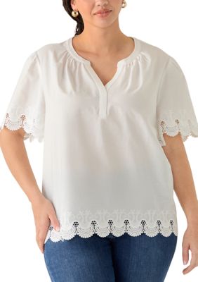 Cupio Plus Size Short Sleeve Split Neck with Scallop Lace Trim Top