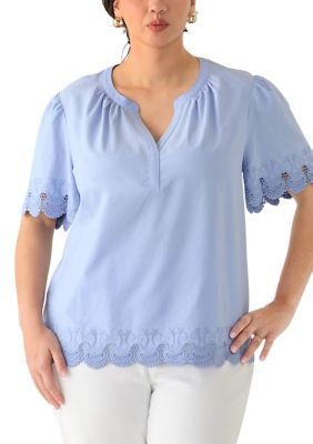 Cupio Women's Plus Size Short Sleeve Split Neck with Scallop Lace Trim Top, 1X