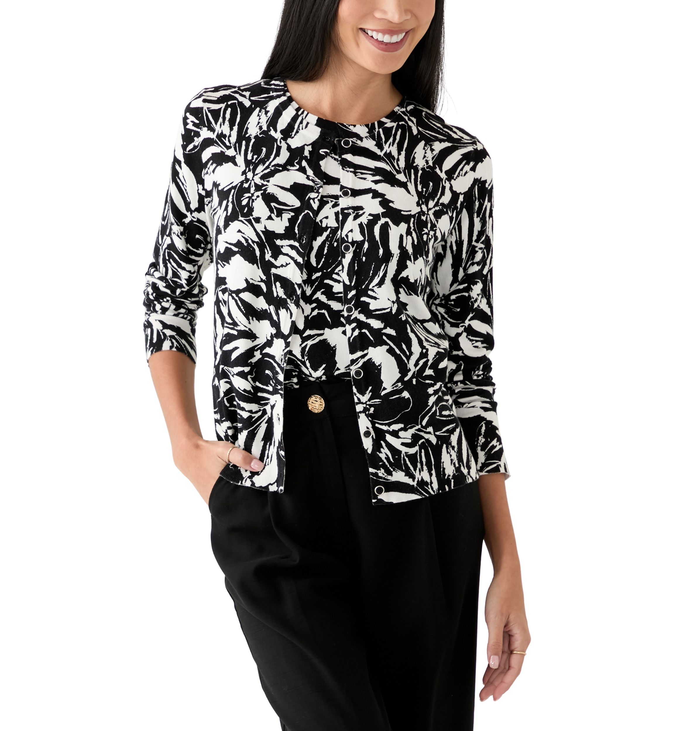 Petite Long Sleeve Printed Cardigan with Novelty Button