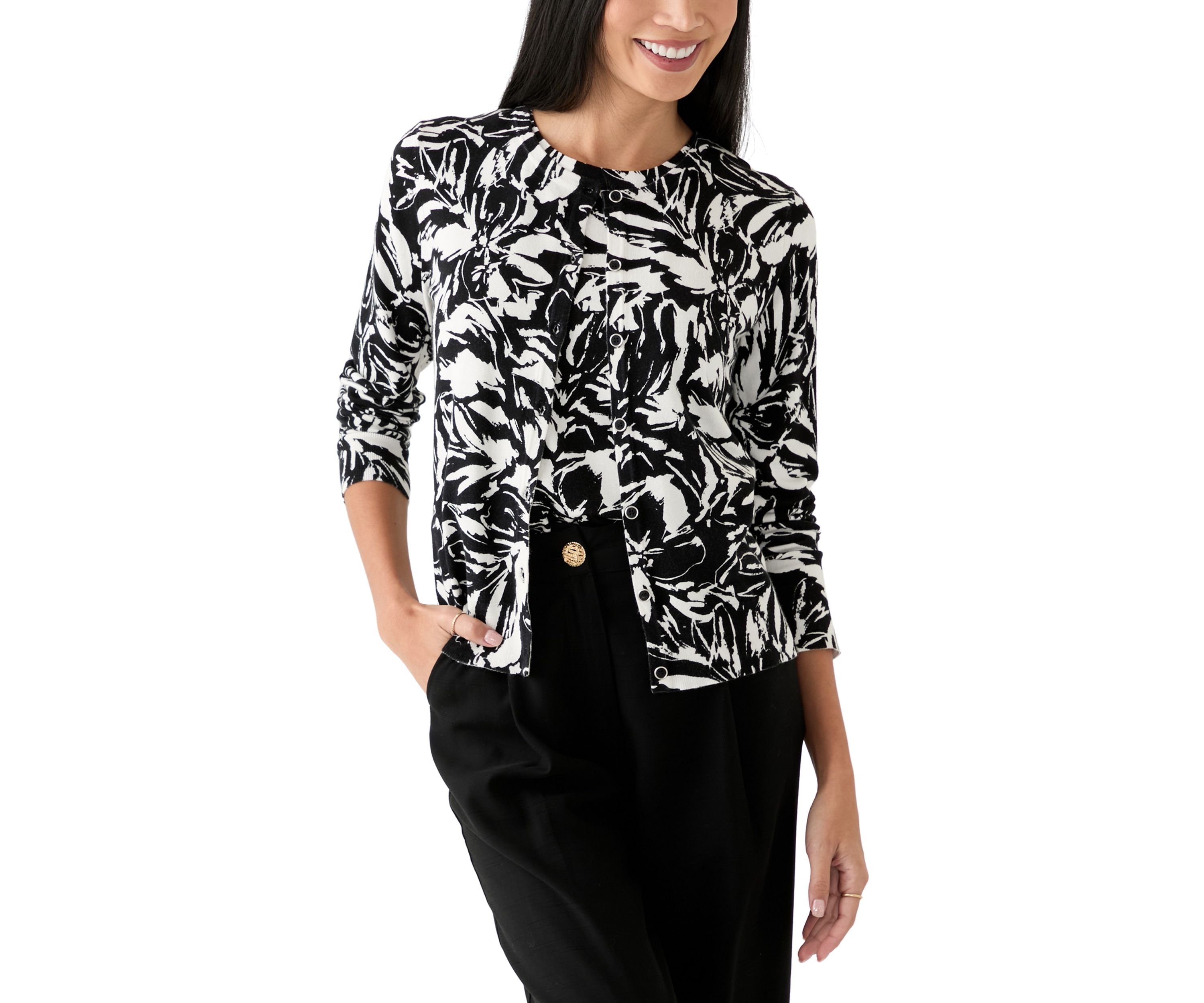 Petite Long Sleeve Printed Cardigan with Novelty Button