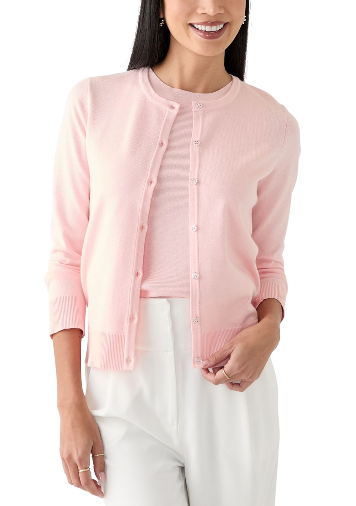 Petite Long Sleeve Solid Cardigan with Novelty Buttons