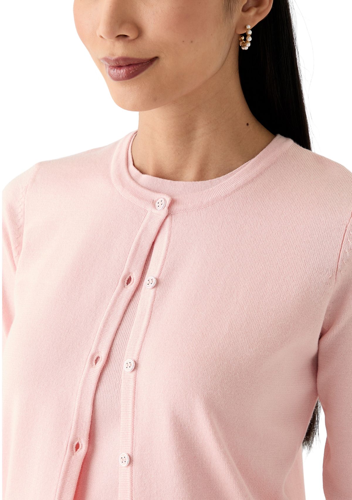 Petite Long Sleeve Solid Cardigan with Novelty Buttons