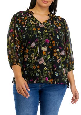 Unique Vintage Plus Size Black & Floral Burnout Sleeve Bodysuit-sale tops