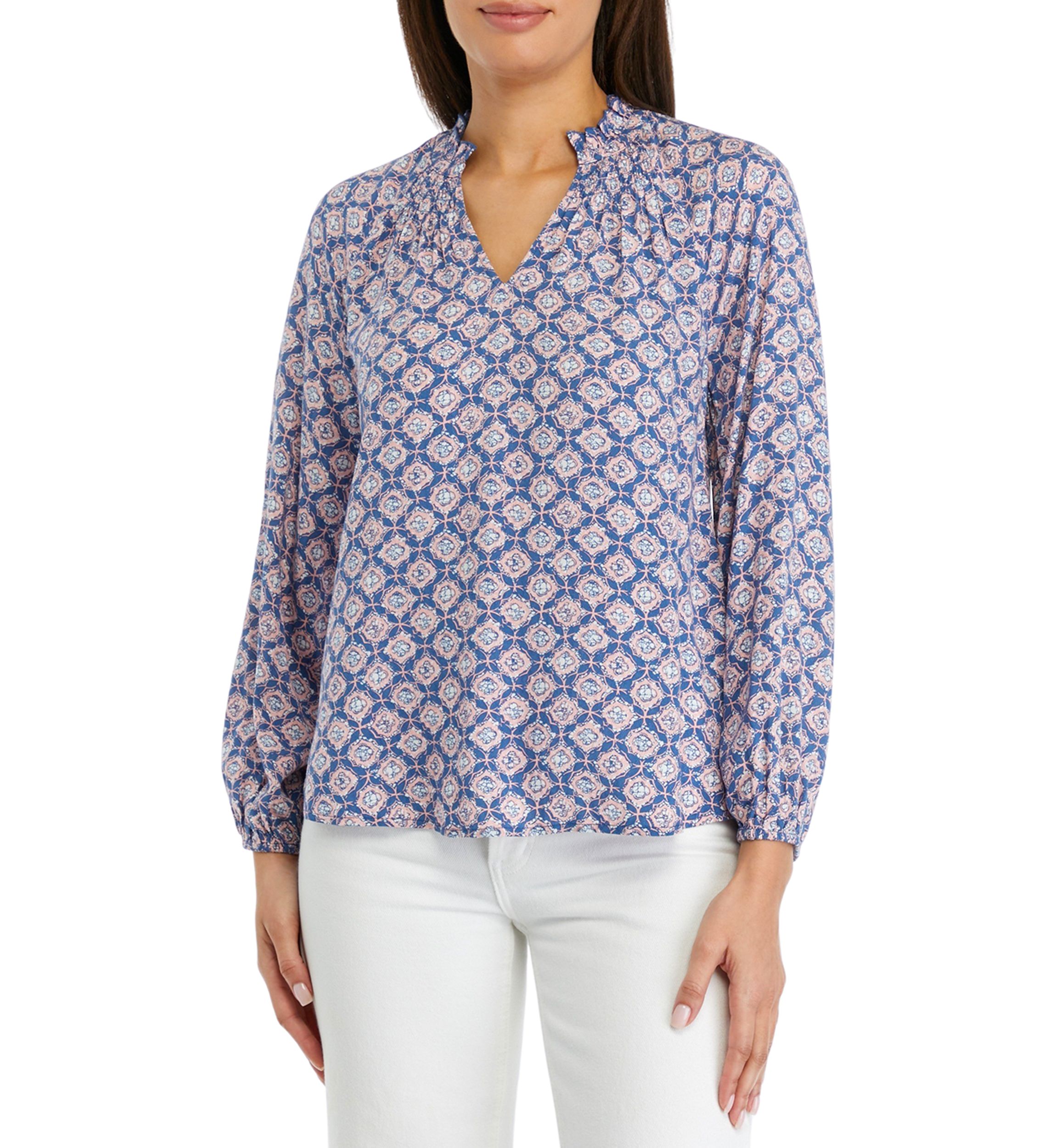 Petite Blouson Sleeve Split Neck Printed Top