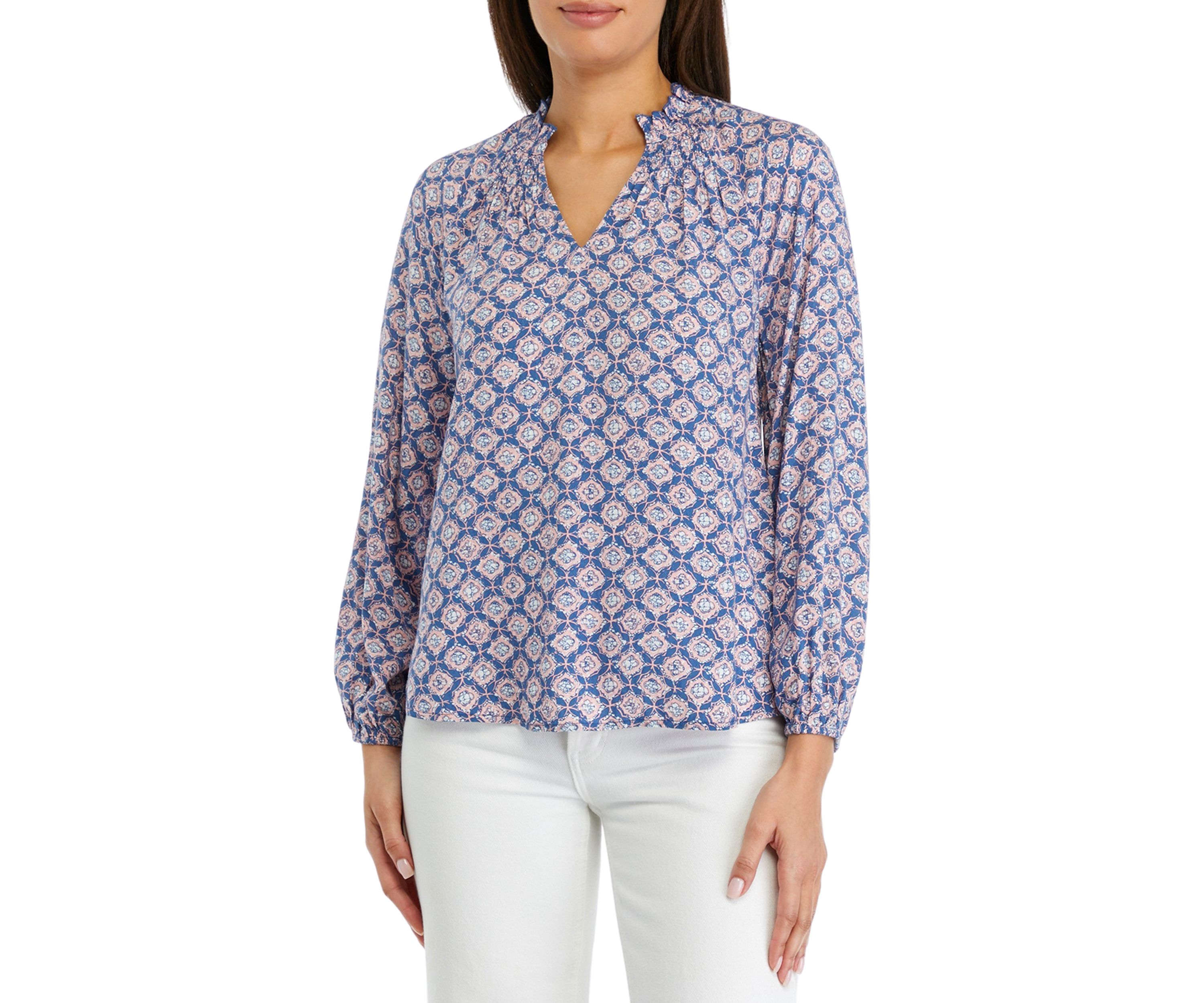 Petite Blouson Sleeve Split Neck Printed Top