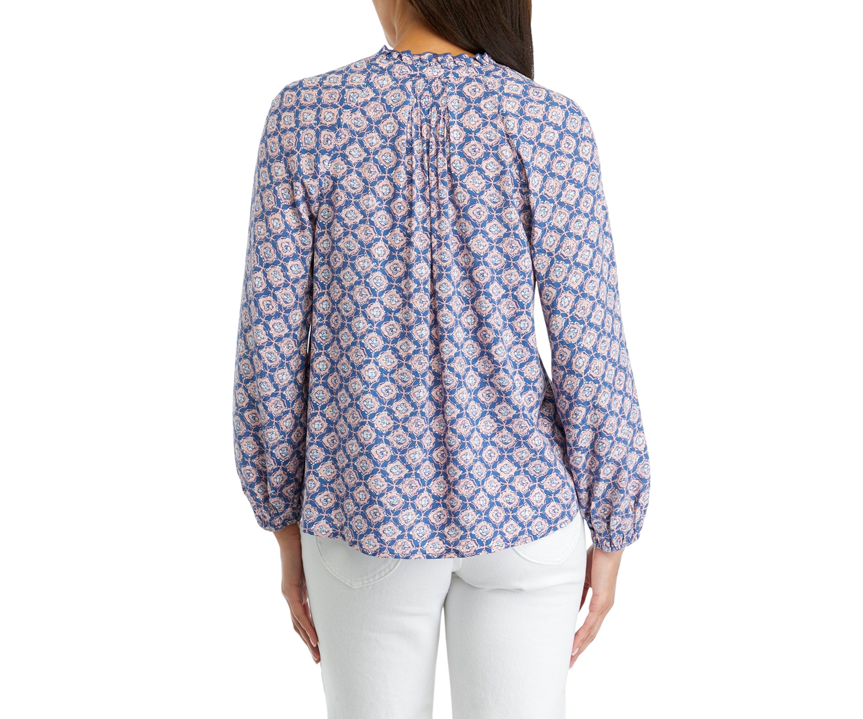 Petite Blouson Sleeve Split Neck Printed Top