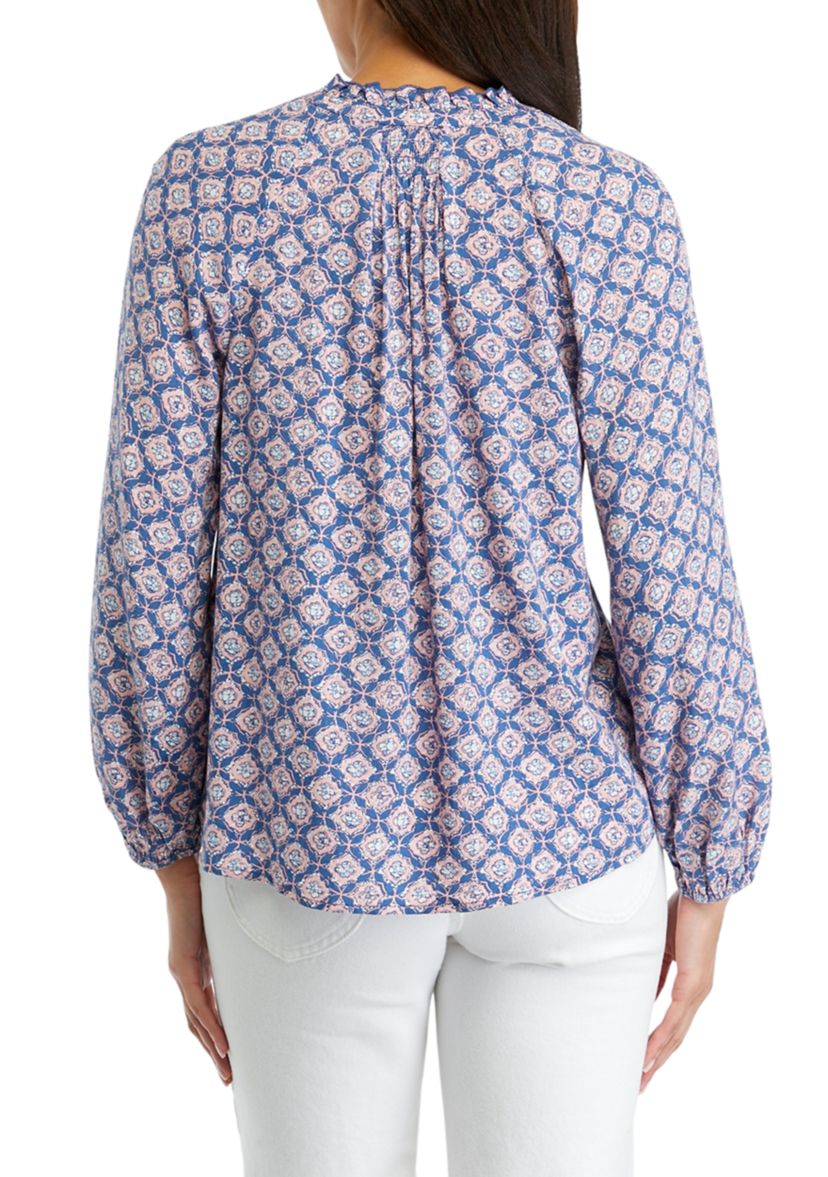 Petite Blouson Sleeve Split Neck Printed Top